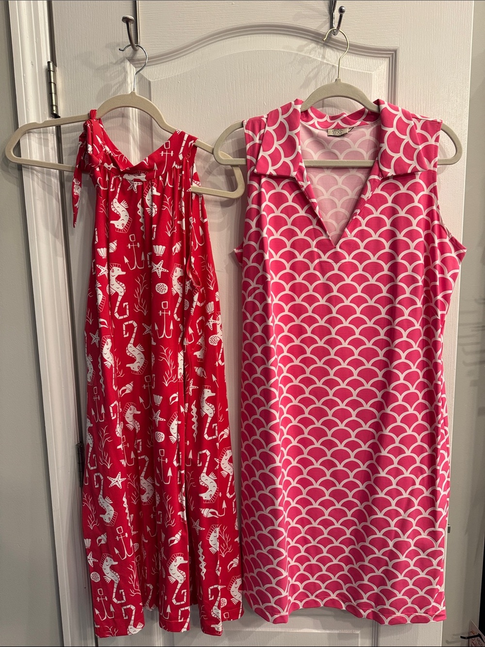 2 Katherine Way Red Seahorse Print Dress & Pink Scallop Shift Dress
